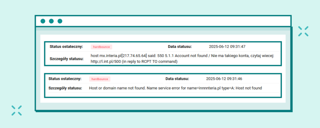 Przykładowe wiadomości dotyczące błędów.